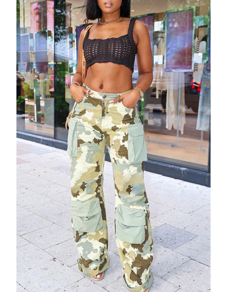 Plus Size Camouflage Print Long Sleeve Top & Pants Set