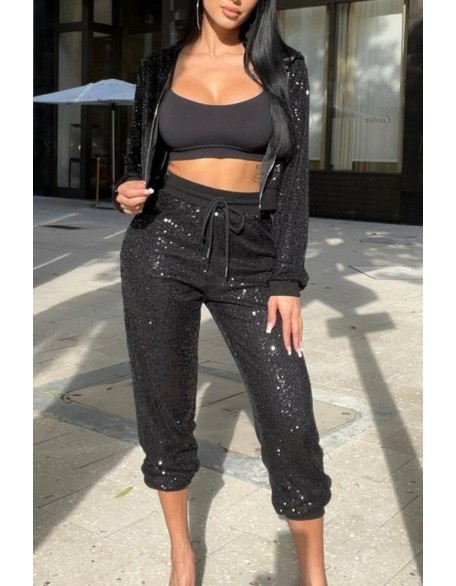 Mesh Patch Glitter Rhinestone Wide Leg Jumpsuit