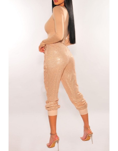 Mesh Patch Glitter Rhinestone Wide Leg Jumpsuit