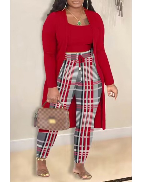 Plus Size 3PCS Cami Top & Houndstooth Print Pants Set With Coat