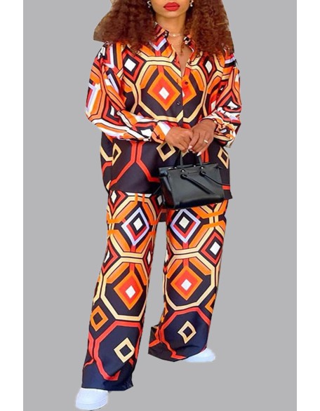 Geometric Print Cami Top & Drawstring Pants Set With Longline Coat