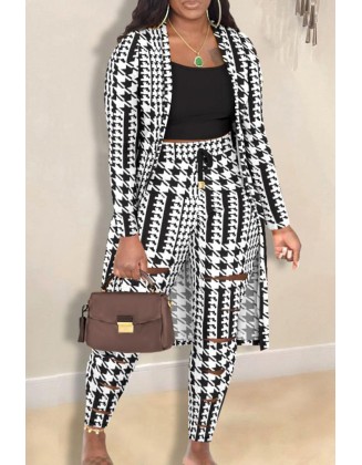 Geometric Print Cami Top & Drawstring Pants Set With Longline Coat